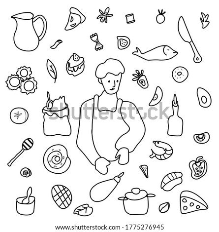 Vector set by a cooking boy. Clip art food illustrations with pie, cake, shrimp salad, bun, ravioli, spaghetti, fruit and vegetables, knife, olive oil, avocado.Design for menu, advertising and web. 
