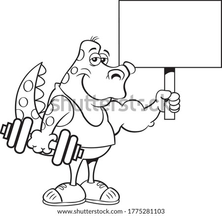 Black and white illustration of a dinosaur holding a dumbbell and a sign.