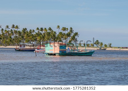 Maritime boats for tourists in boipeba island, brazil. Palm trees and turquoise sea in the background.