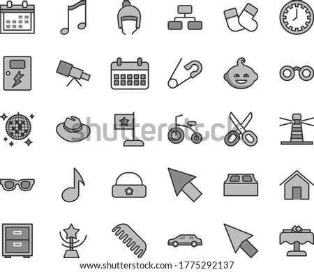Thin line gray tint vector icon set - scissors vector, calendar, clock face, hat, bedside table, open pin, comb, warm socks, funny hairdo, child bicycle, winter, building block, dangers, home, music