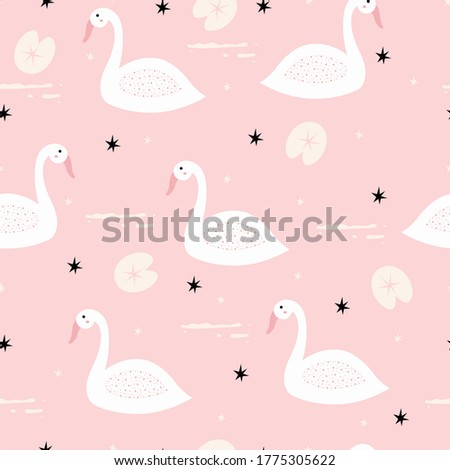Swan seamless pattern Cute cartoon animals on the pink background Design used for fabrics, textiles Vector illustration