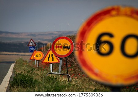 Sesma, Navarra/España - 05, 29, 2020: Pavement, asphalt, road repair, road reconditioning, signals, speed limit.