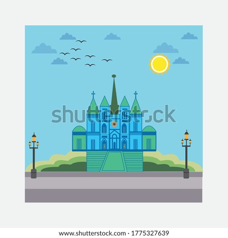 Christian church illustration. Vector illustration for religion architecture design. Cartoon church building silhouette with cross, clouds, birds, and sun. Flat summer landscape. Catholic church.