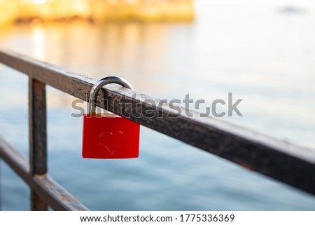 A padlock with heart shape on it hanging on the metal fence near the sea