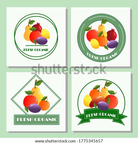Vector collection of fresh stylized fruits and berries. Set with a logo icon.