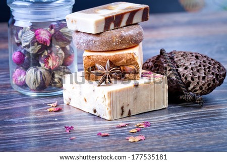 SPA concept: handmade soap with coffee beans, cinnamon and anise star