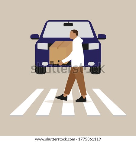 A male character with a cardboard box in his hands walks on a crosswalk in front of a car