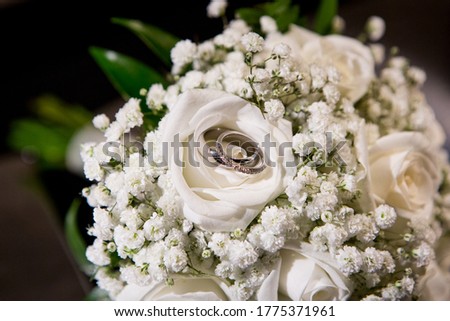 Close up picture of new pair of two shiny white gold wedding rings, bridal ring with many little diamonds, placed on the fresh white rose bouquet, baby wreath flowers around, dark blurred background