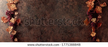 Vine with dried leaves and ripe grapes. Old rustic brown background with copy space.