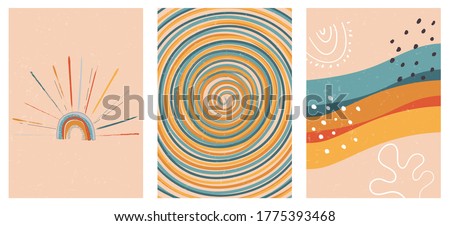Set of three abstract pop art aesthetic backgrounds with sun lights, stars, Boho rainbow, waves, dots, spiral lines. Trendy colorful vector illustration for social media, web design in vintage style. Royalty-Free Stock Photo #1775393468