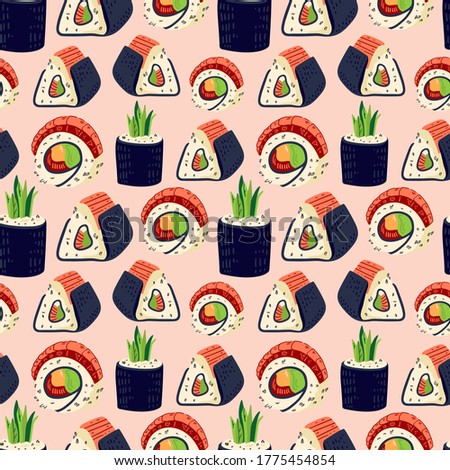 Sushi seamless pattern. Japanese food. Vector illustration. Funny colored typography poster, apparel print design. Scandinavian nordic design for bar or interior or cover or textile or background.