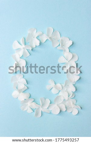 Flower Alphabet - Q. Letter made from live flowers on light blue background