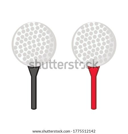 Golf ball on red and black tee on white background. Vector illustration.