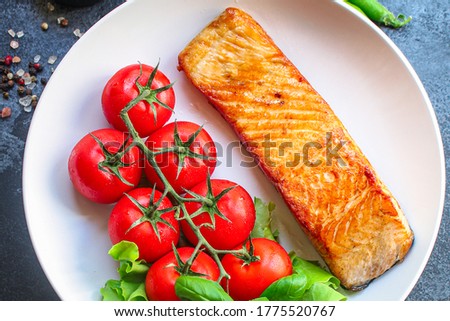 salmon barbecue grill fried Menu concept serving size. food background top view copy space for text keto or paleo pescatarian diet  Royalty-Free Stock Photo #1775520767