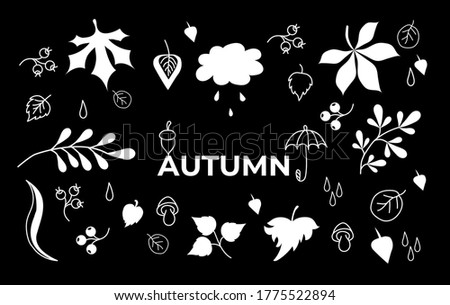 Vector set of autumn drawings on a black background. White outline and silhouette. Doodle of various leaves and berries, mushrooms and text. Set of elements for the fall season. Vector illustration