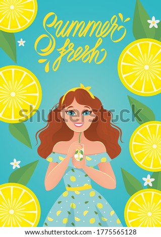 SUMMER POSTER WITH A CUTE SMILING GIRL IN A DRESS AND A FRESH COCKTAIL IN HANDS ON A BLUE BACKGROUND WITH LEMONS AND LETTERING. DESIGN FOR POSTER, FLAYER, POSTCARD, BANNER, COVER MENU. CARTOON STYLE 