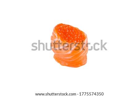 Japanese Gunkan Sushi with salmon caviar (Sake Ikura). Gunkan-poppy with Red caviar, rice wrapped in salmon fillet. Side view Pan Asian dish Gunkan isolated on white background