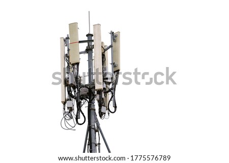 Telecommunication tower of 4G and 5G cellular. Base Station or Base Transceiver Station. Wireless Communication Antenna Transmitter. Telecommunication tower with antennas isolated on white background. Royalty-Free Stock Photo #1775576789