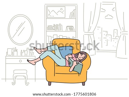 A woman is lying comfortably on the sofa and reading a book. hand drawn style vector design illustrations. 