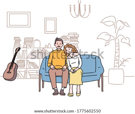 A couple is sitting on the living room sofa leaning against each other. hand drawn style vector design illustrations. 
