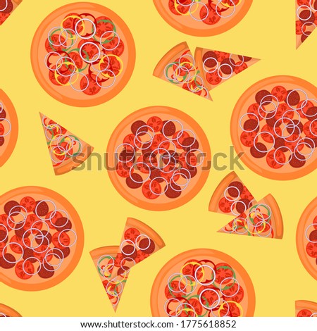 Sliced pizza. Fast food. Seamless pattern. Vector illustration isolated on a yellow background.