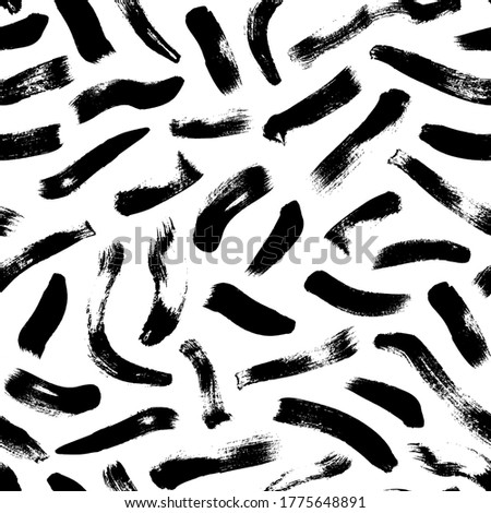 Brush strokes vector seamless pattern. Black paint freehand scribbles, wavy lines, dry brush stroke texture. Chaotic rough smears. Black and white mosaic texture. Hand drawn grunge ink illustration.