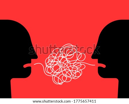 difficult communion between two people. cartoon simple flat trend modern graphic art design isolated on red background. concept of brawl and hard speaking by abuser and depression or stress or anxiety Royalty-Free Stock Photo #1775657411