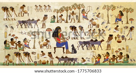 Old tradition, religion and culture. Hieroglyphic carvings on exterior walls of an old temple. Life of egyptians. History art. Ancient Egypt frescoes. Agriculture, fishery, farm  Royalty-Free Stock Photo #1775706833