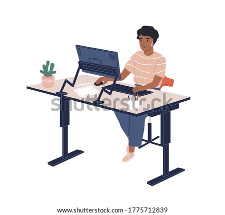 Smiling black skin female employee sitting at modern ergonomic workplace vector flat illustration. Joyful woman working at computer isolated on white. Contemporary office adjustable furnituring Royalty-Free Stock Photo #1775712839