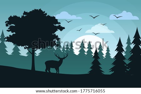Forest landscape on sunrise with deer