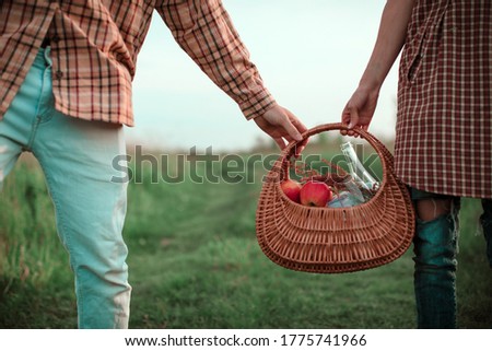 Picnic basket on grass with food and drink on blanket. Couple in love. Summer time. Honeymoon. 