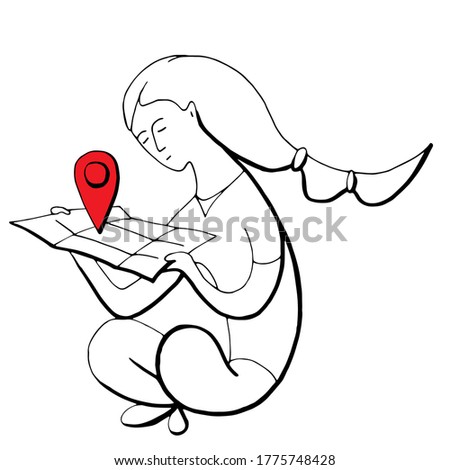An isolated image of a woman carefully looking at a paper map. A woman is looking for a destination. Dreams of traveling in isolation