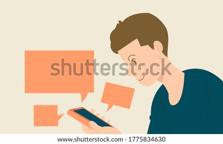 Man with smartphone and orange color chat box, Social media concept and Social distancing concept , Flat vector design