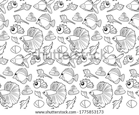 Black and white pattern in summer and nautical themes, with fish and shells. Stock texture isolated on a white background. Fine black contour pattern for wallpaper, wrappers, clothes and textile.