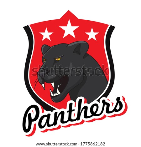 sport club emblem - Panther - black Panther on the background of a red shield with stars - logo for football, hockey, basketball, baseball club