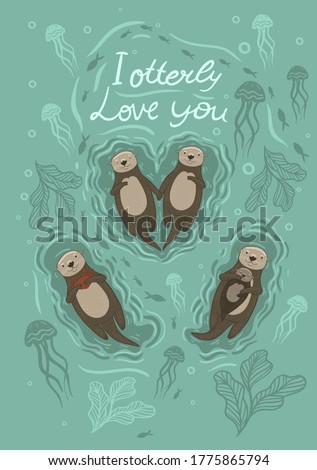 Postcard with sea otter and crab and the inscription I otterly love you . Vector graphics