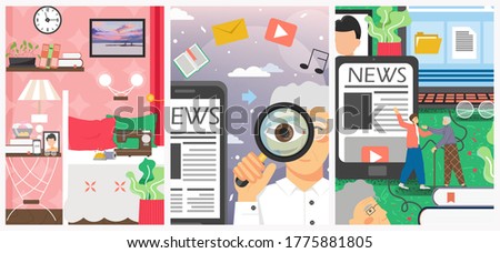 Adults embracing new technologies vector poster template set. Adult people use mobile phone, tablet, laptop computer to stay informed, to connect to friends, family and for other reasons.