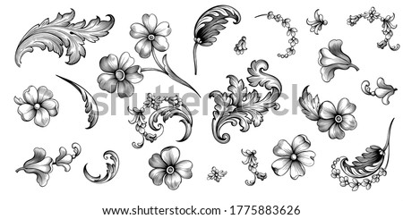 Vintage spring flower summer daisy scroll Baroque Victorian frame border floral ornament leaf engraved retro pattern decorative design tattoo black and white filigree calligraphic vector Royalty-Free Stock Photo #1775883626