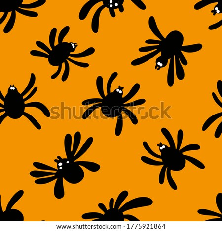 Seamless spider silhouette pattern on orange background. Halloween pattern. Design for Halloween. Vector flat illustration 
