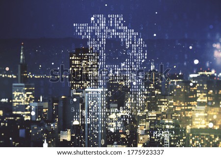 Virtual Bitcoin sketch on San Francisco cityscape background. Double exposure