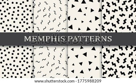 Seamless memphis style pattern print set. Abstract background pattern design. Funky vector illustration.