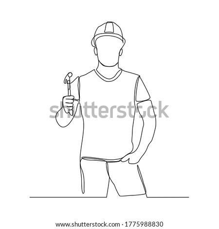 Continuous line drawing of craftman repair man foreman building engineer wearing helmet holding hammer to repair and maintenance something. Vector illustration