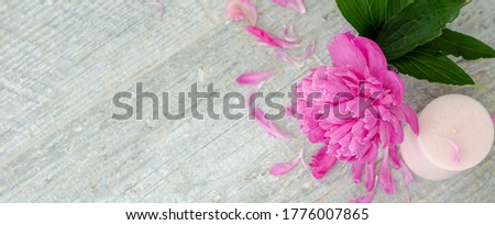Beautiful pink peony flowers and white candle on white grey stone background with copy space for your text top view. Greeting card, SPA and romantic concept. Banner.