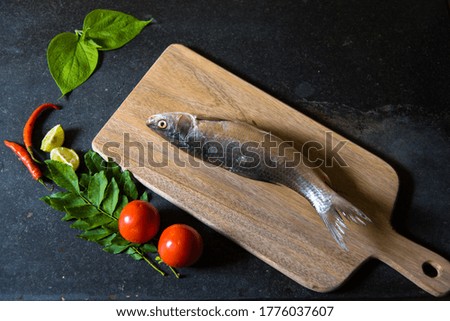 Raw fish on a background with use of selective focus on a particular part of the fish with rest of the fish and other ingredients blurred.
