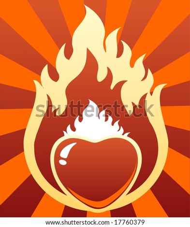 Cartoon burning heart on a red striped background. Valentine's illustration.