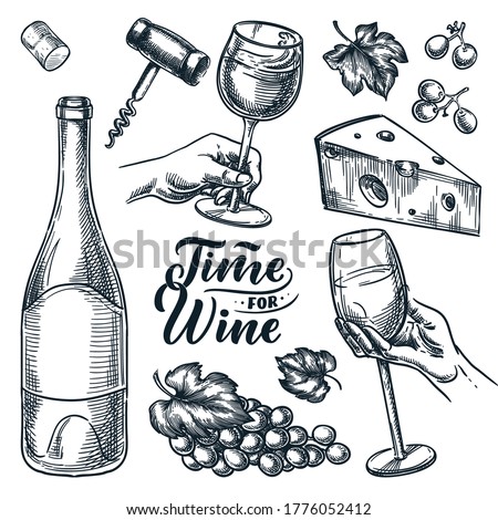Time for wine vector hand drawn sketch illustration. Human hand holding wine glass. Bottle, cheese, grape vine, cork, corkscrew, isolated on white background. Doodle vintage design elements set Royalty-Free Stock Photo #1776052412