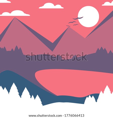 Flat Background forest Montain red sky 