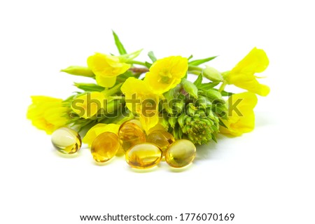 Yellow evening primrose (Oenothera biennis) flowers and capsules with oil, cosmetics and natural remedies for sensitive skin and eczema, isolated on a white background
 Royalty-Free Stock Photo #1776070169