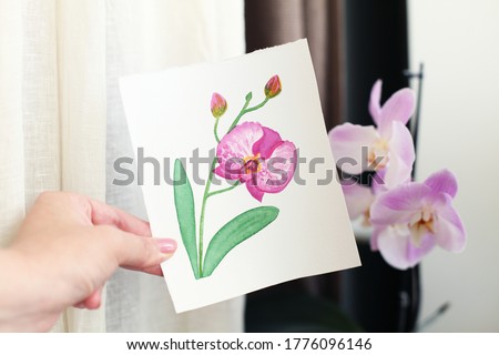 Hand drawn blooming purple orchid illustration.