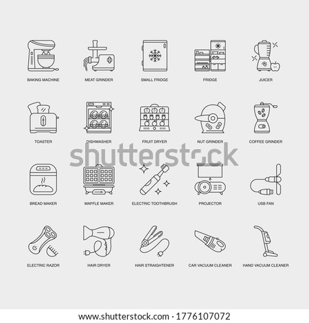 Set of Vector Linear Icons for Fruit Dryer, Nut Grinder, Coffee Grinder and more. Collection of 20 Household Icons.